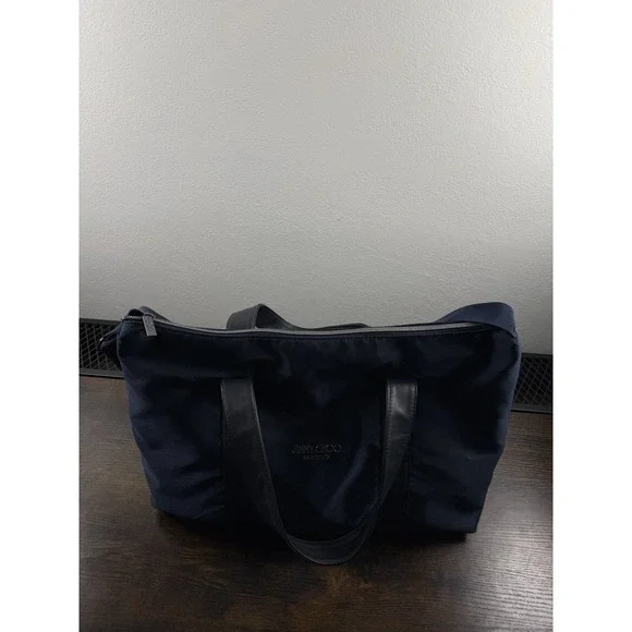 LARGE Jimmy Choo Parfums Luxury Bag Navy Nylon Leather Trim Shoulder Travel Tote - Picture 6 of 16